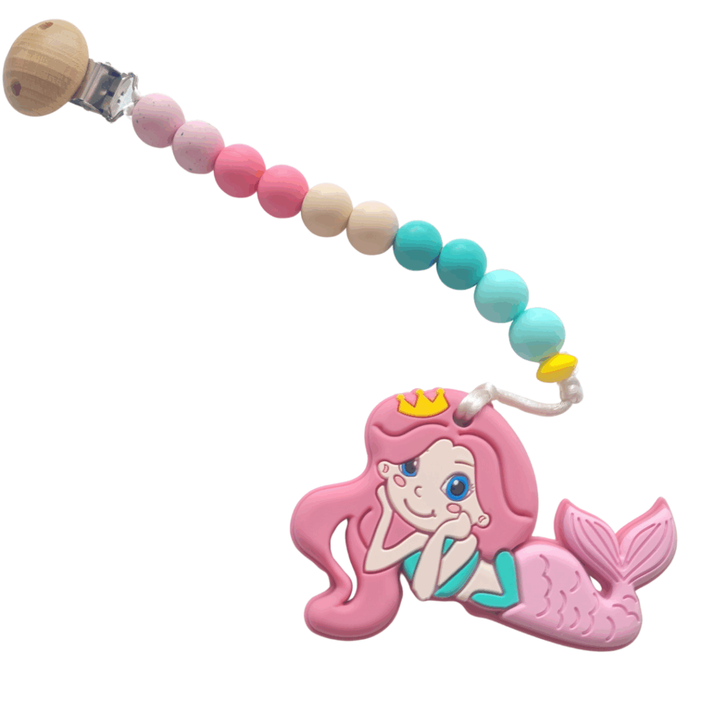 Chupetero con mordedor de silicona en forma de helado, con texturas en la parte posterior para aliviar las encías del bebé.