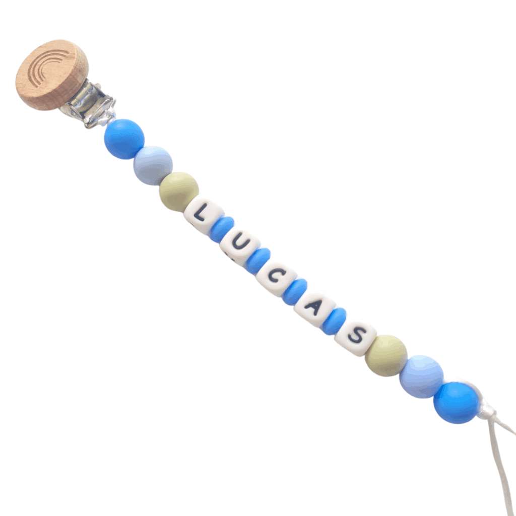 Chupetero personalizado con nombre, elaborado en silicona alimentaria y madera natural para bebés.