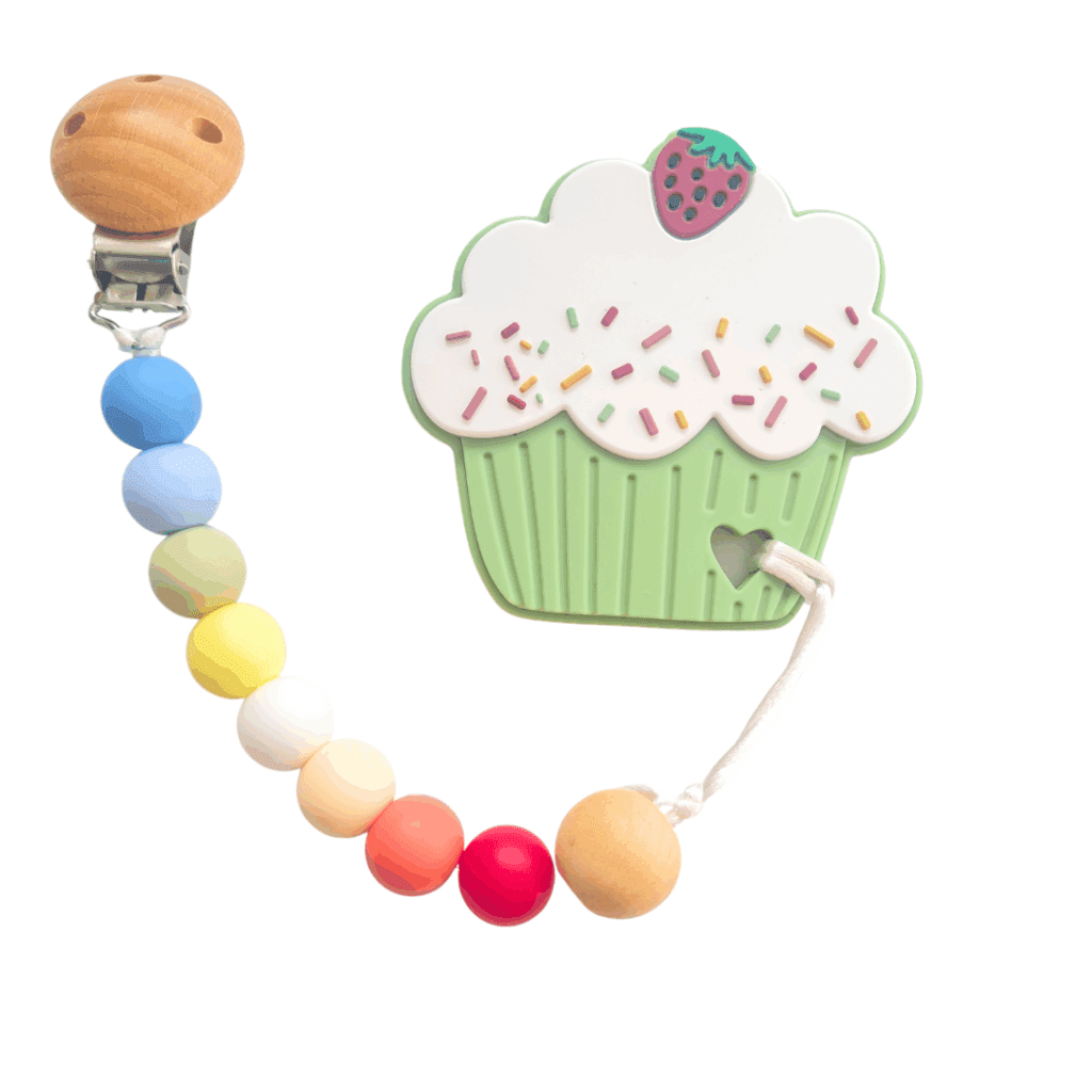 Chupetero con mordedor de silicona en forma de helado, con texturas en la parte posterior para aliviar las encías del bebé.