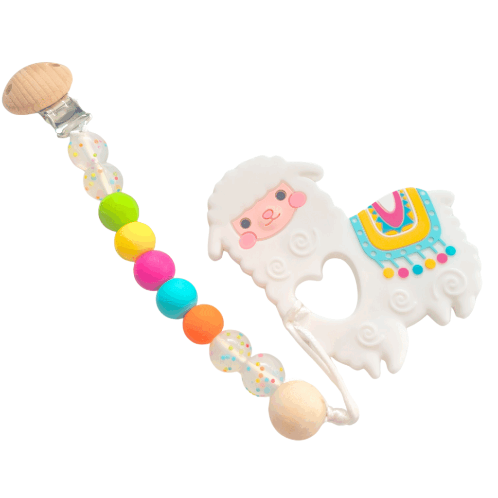 Chupetero con mordedor de silicona en forma de helado, con texturas en la parte posterior para aliviar las encías del bebé.