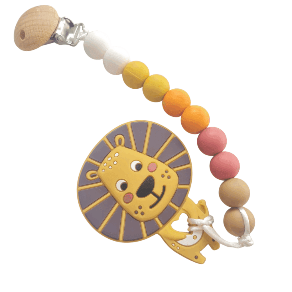 Chupetero con mordedor de silicona en forma de helado, con texturas en la parte posterior para aliviar las encías del bebé.