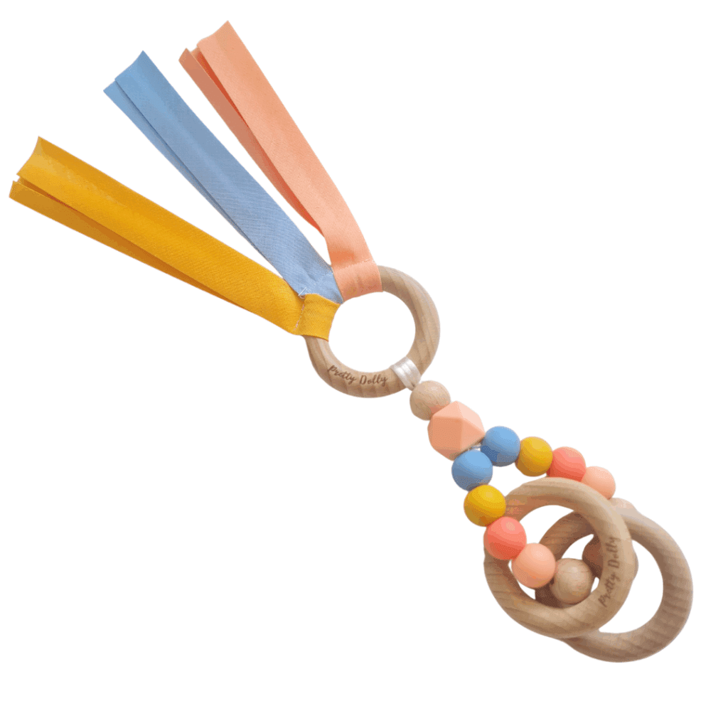 Mordedor de 3 texturas para bebé con anillas de silicona, madera natural y tela de algodón suave