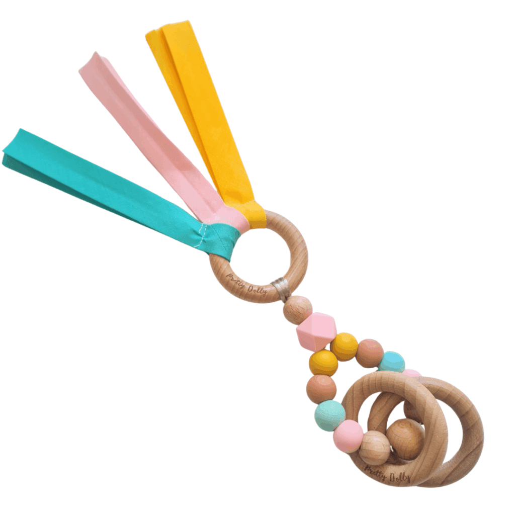 Mordedor de 3 texturas para bebé con anillas de silicona, madera natural y tela de algodón suave